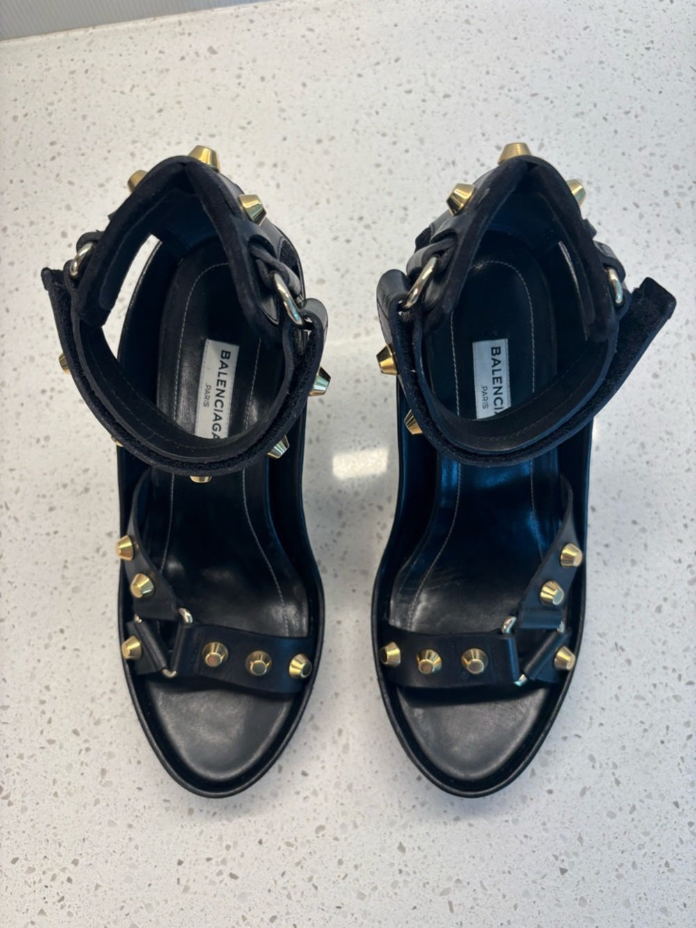 Balenciaga Black Leather Gold-Stud Platform Sandals - Picture 8 of 10
